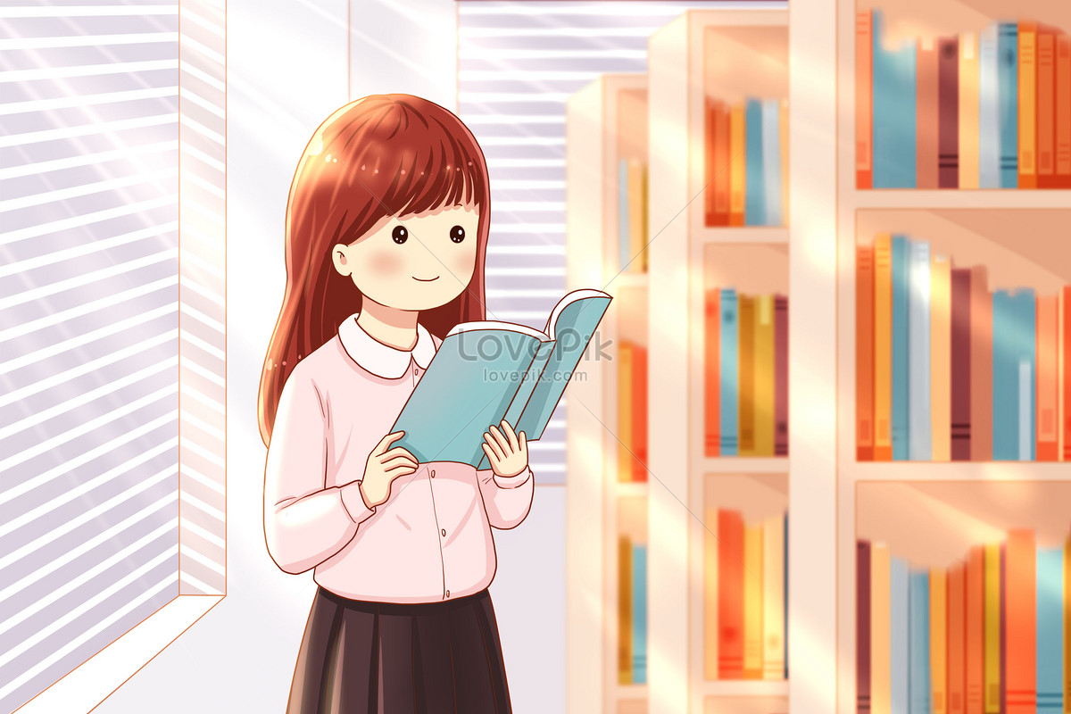 小女孩在图书馆看书插画图片下载-正版图片400068596-摄图网