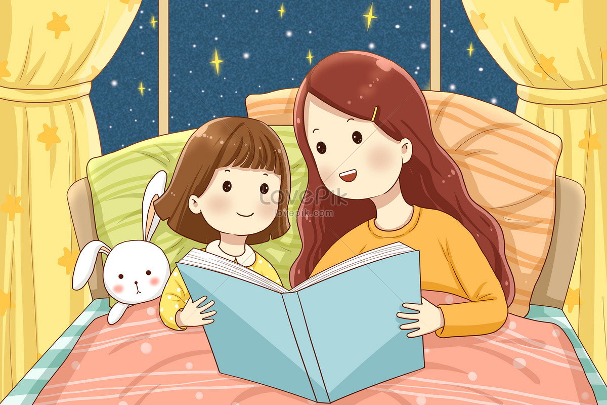 小清新母亲给女儿读故事插画图片-千库网