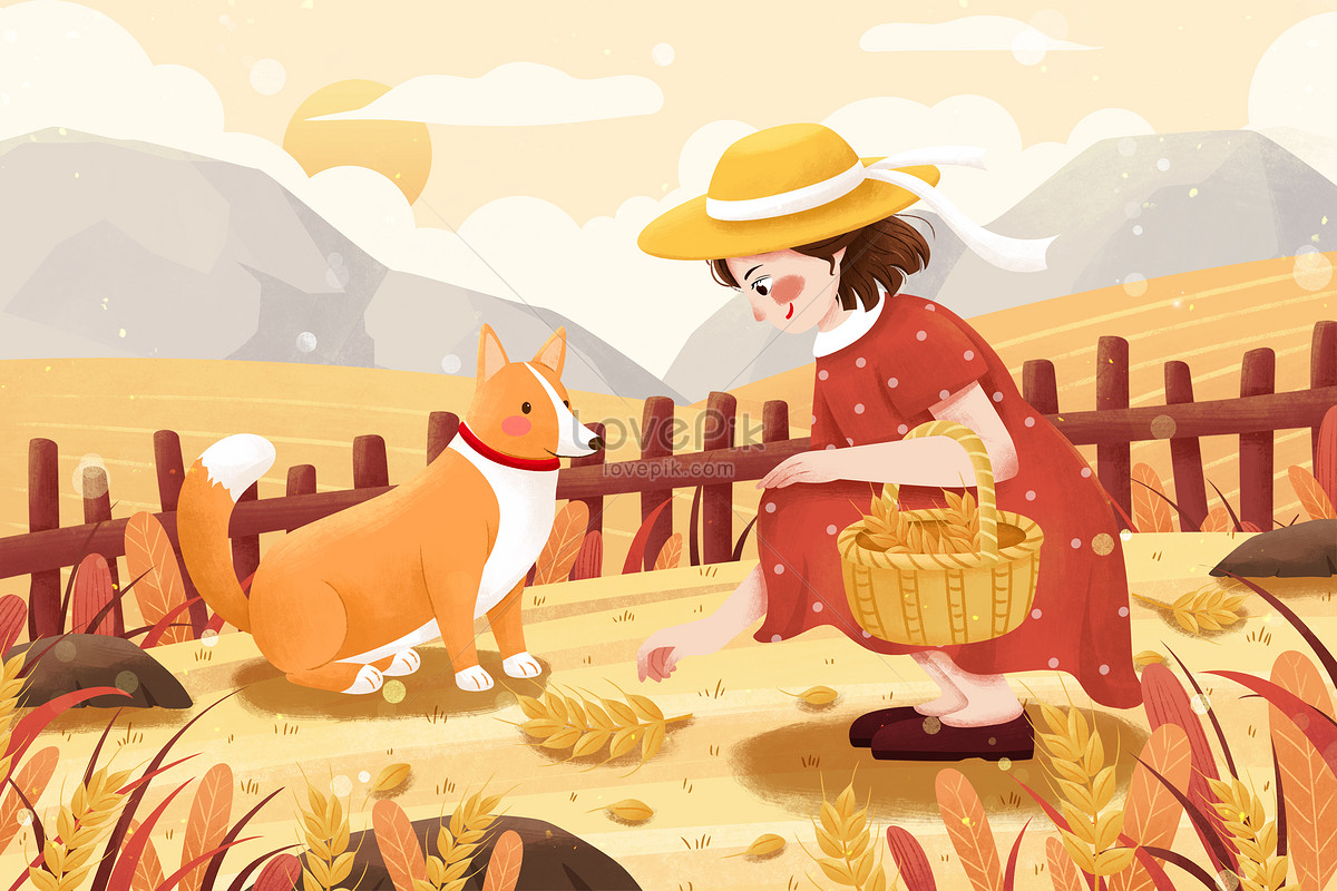 Illustration Of A Girl And A Dog Picking Wheat Ears.