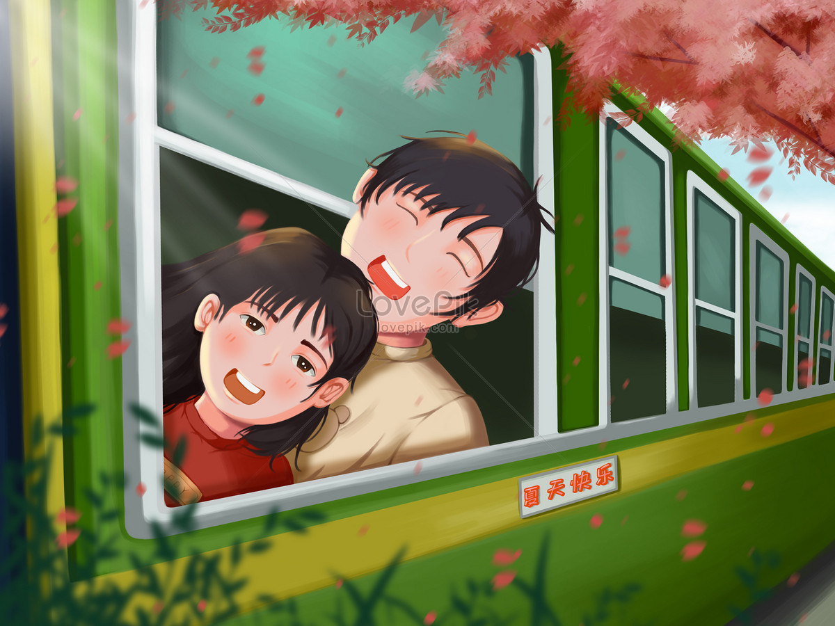 boy-and-girl-riding-a-train-in-summer-illustration-image-picture-free