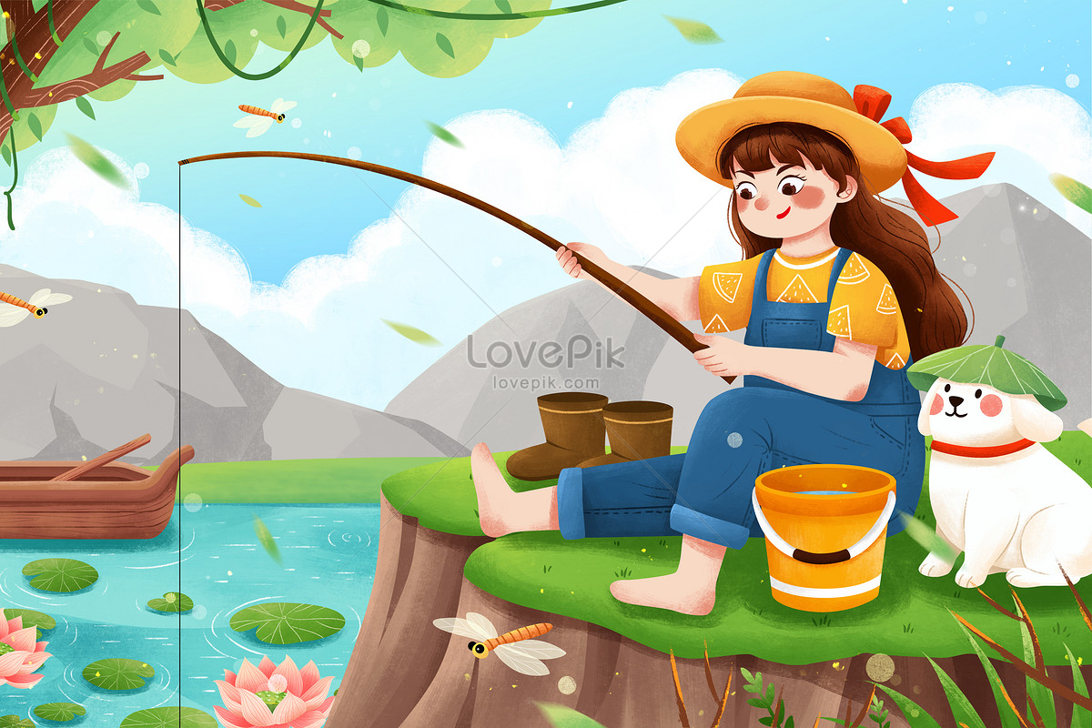 Boy And Girl With Fishing Rods Boy And Girl With Fishing Rods