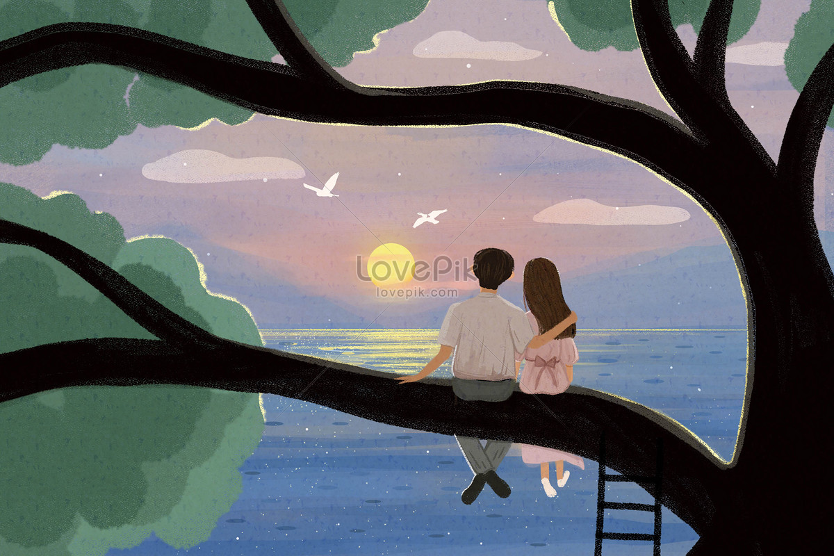 Pareja Mirando El Atardecer Psd Ilustraciones Imagenes Descarga