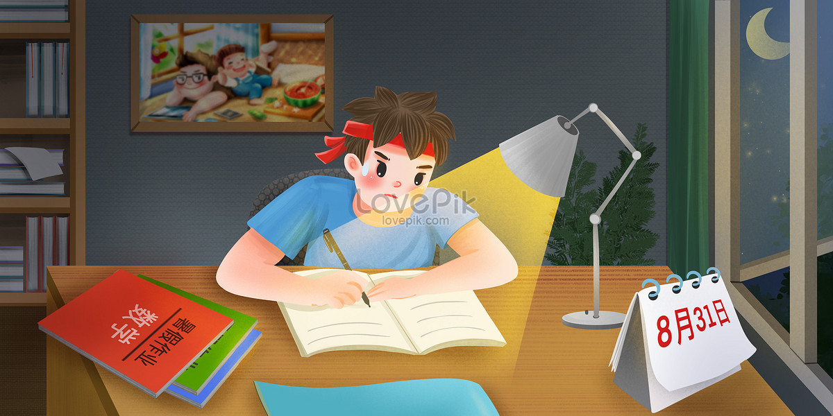 Students who stay up late doing summer homework, cartoon education, late summer, interior illustration