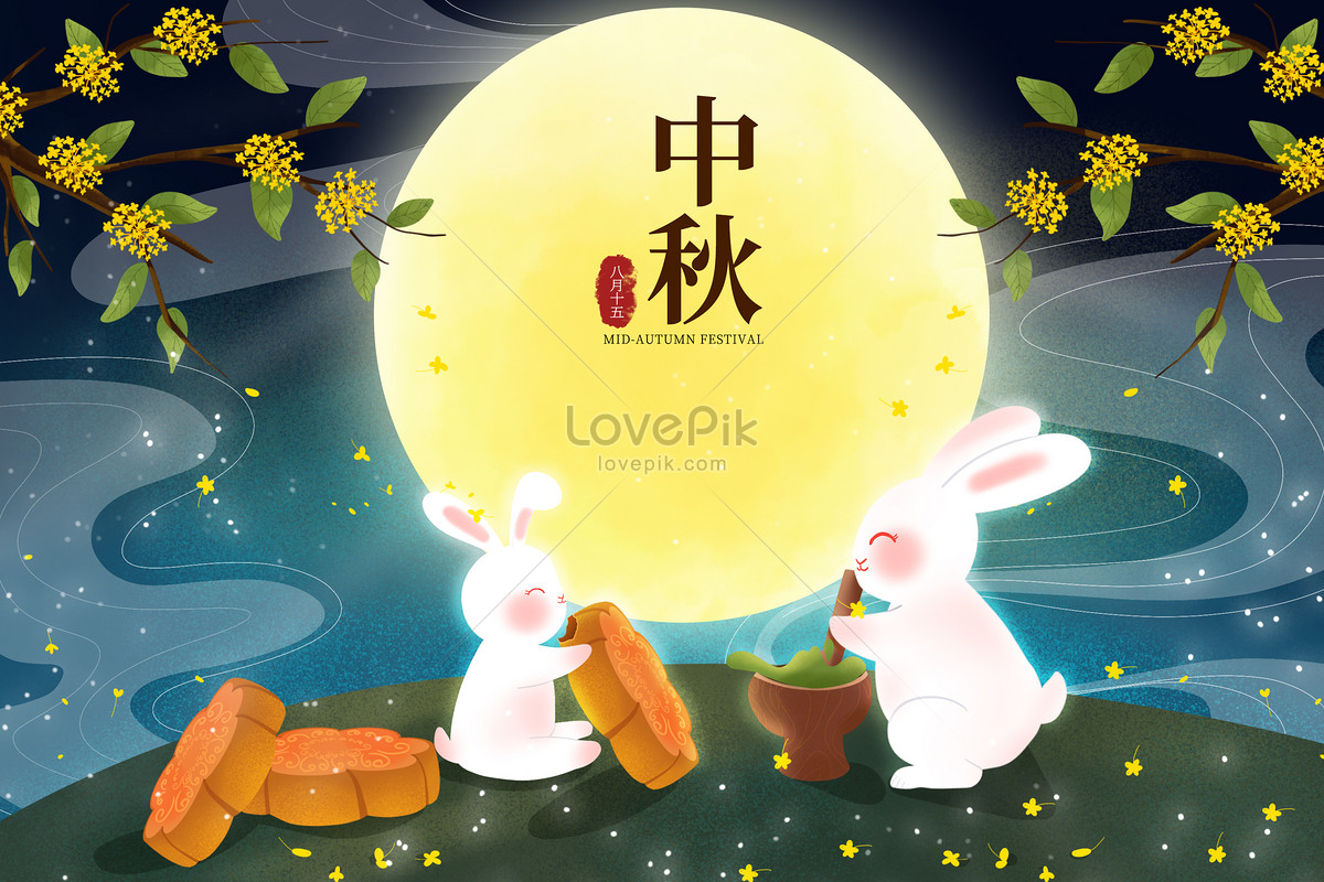 Little rabbit eats moon cake, big rabbit pounds medicine illustration