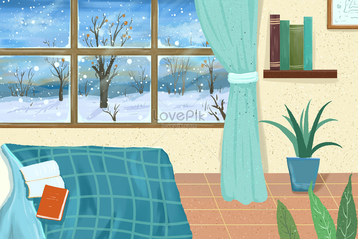 Cartoon illustration of snow scenery outside the window in blue room ...