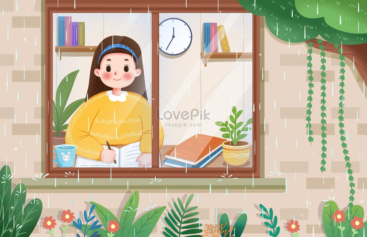 girl doing homework in rainy day Illustration