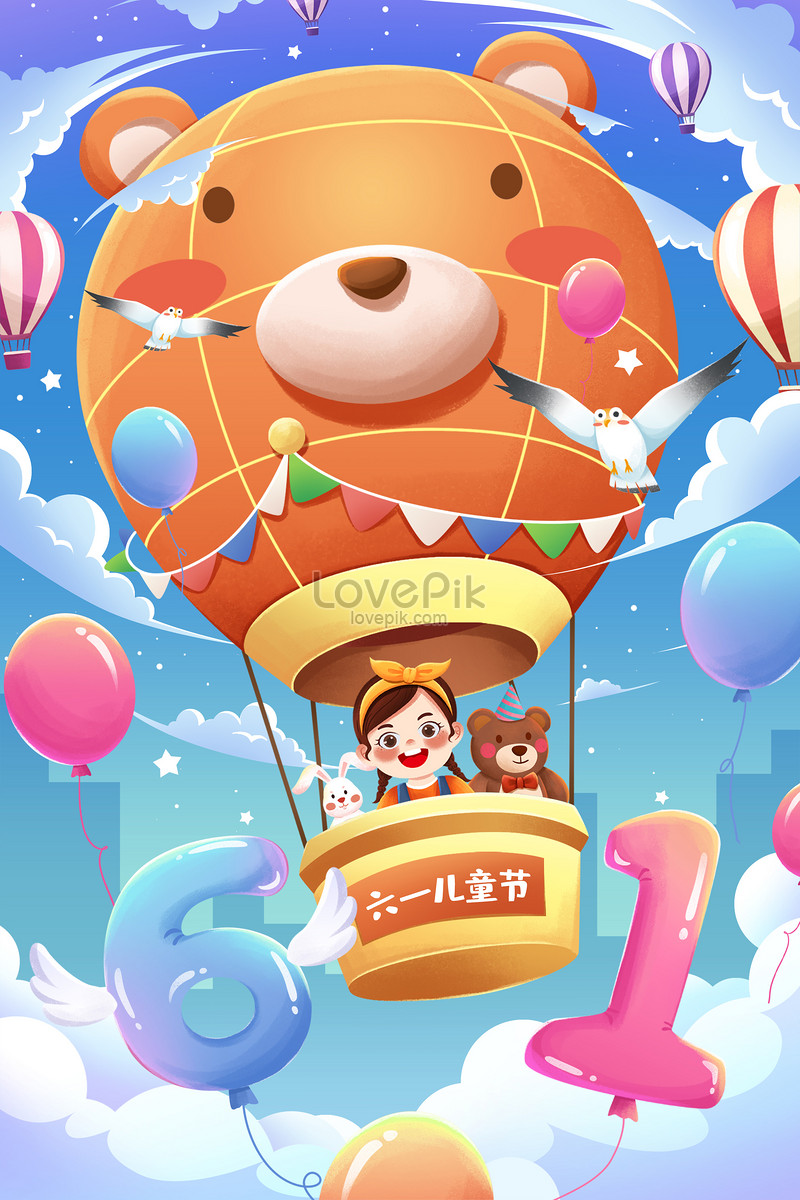 Children's Day Children's Day a hot air balloon girl travels to the sky illustration, air sky, sky, children girl illustration