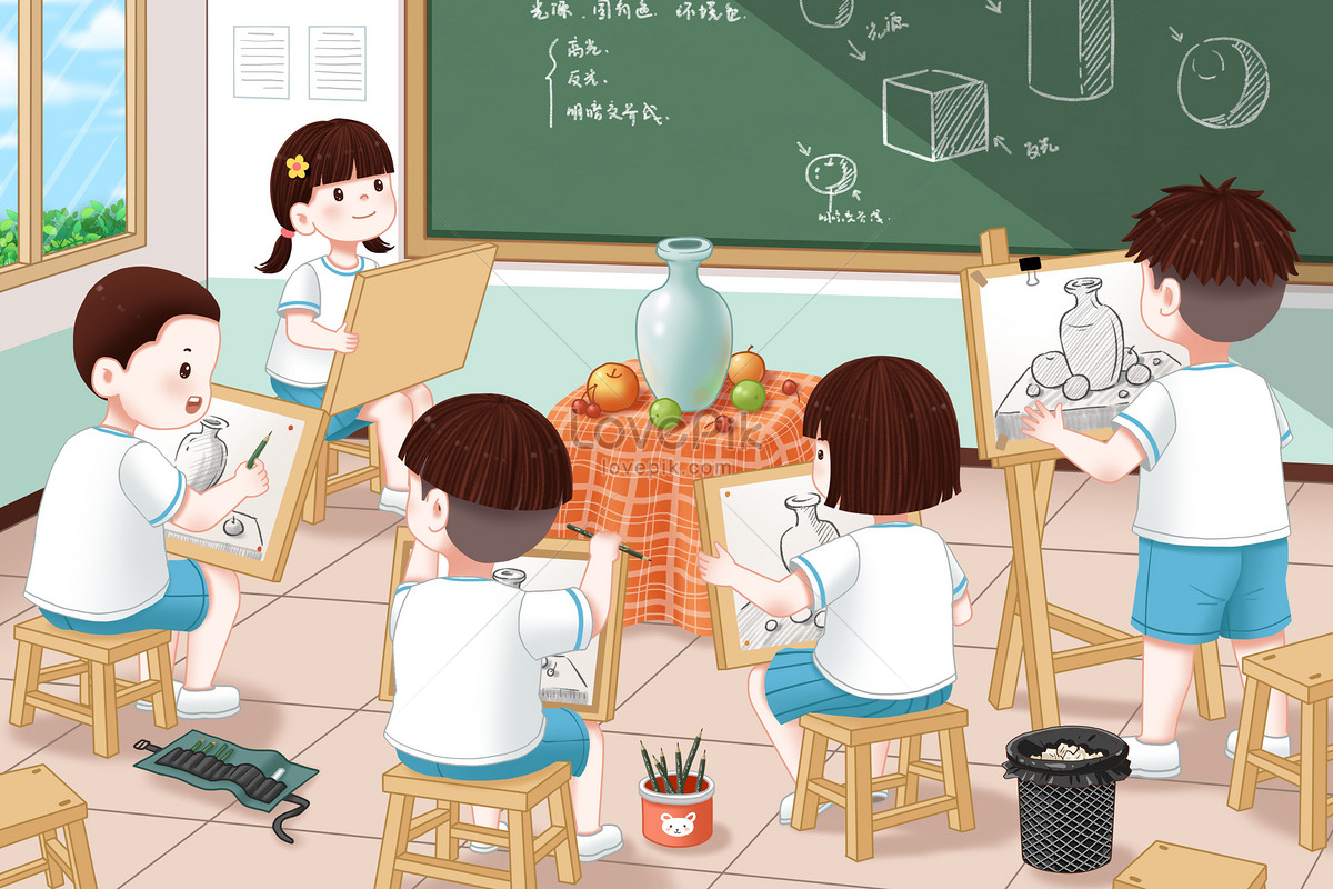 Classroom board with drawing supplies school Vector Image