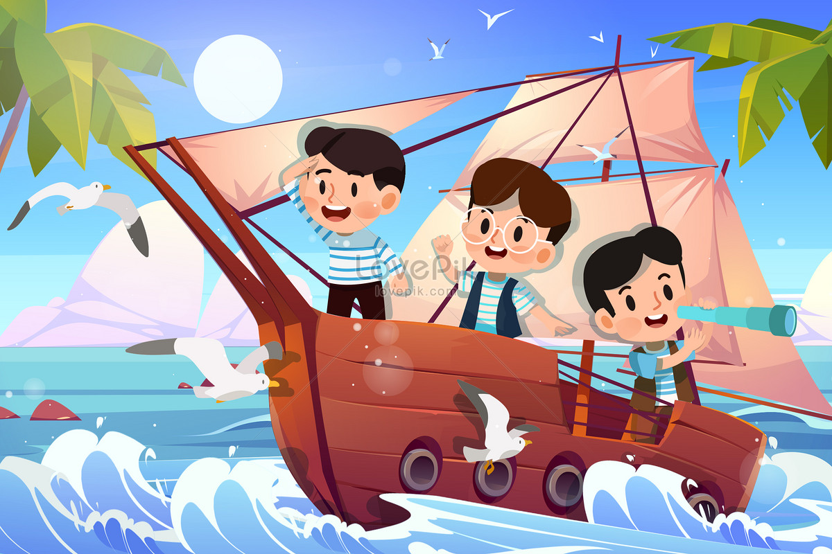 Chinese navigation and Japanese children take sailing in the sea and voyage in the sea, childlike, dream, seagulls illustration