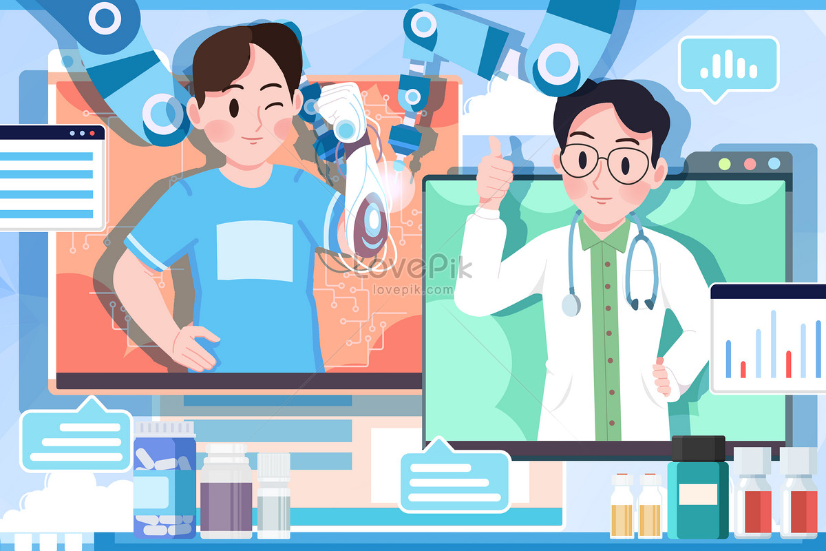 Medical illustration doctor online introduce patients to patients to solve medical problems, doctor-patient, doctor illustration, online medical illustration