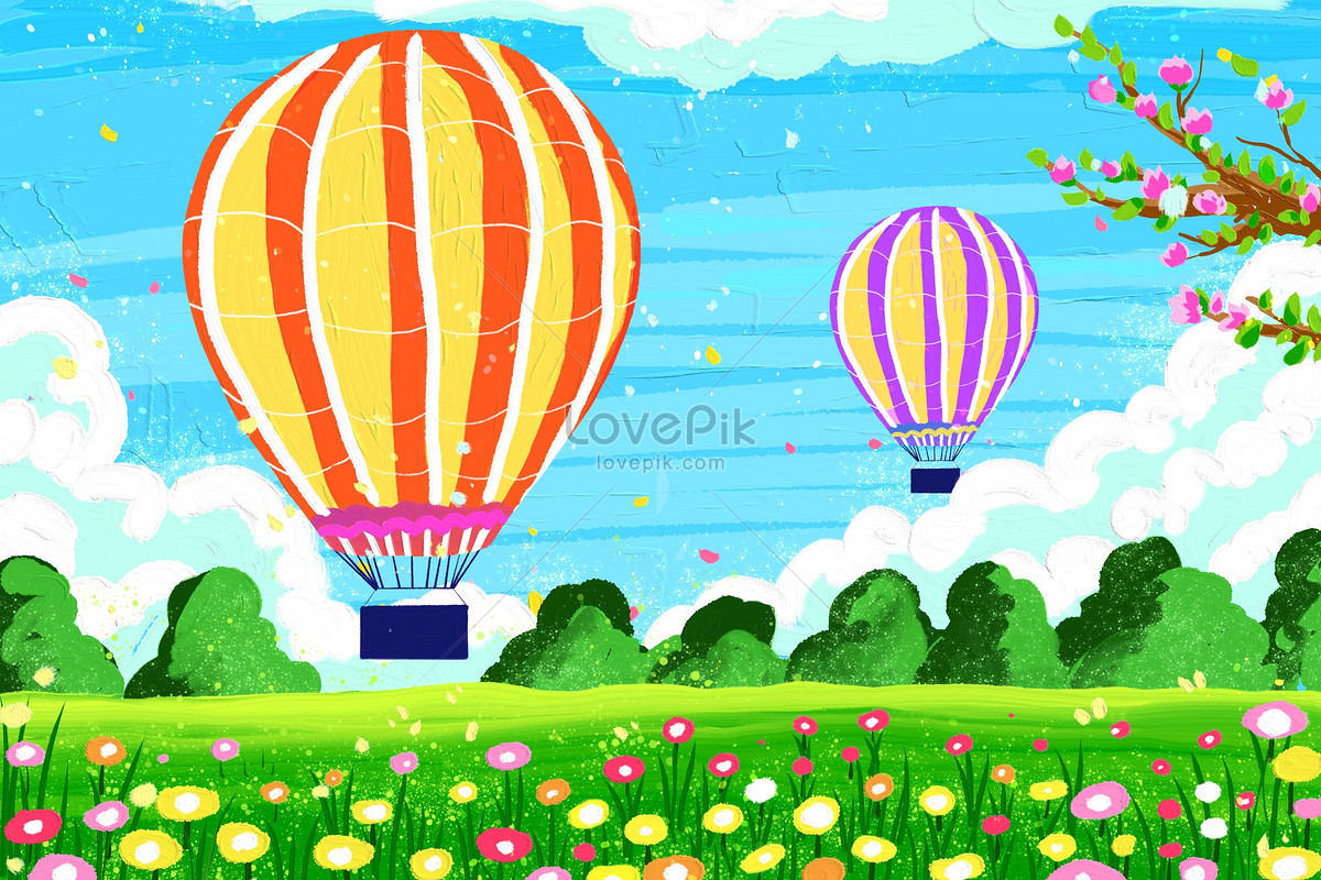 scraper oil painting style hot air balloon travel landscape illustration, illustrator style, balloon, outing illustration