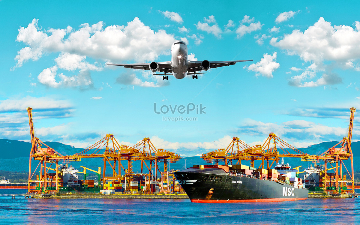 Ship port and air plane picture, night town, logistics, air Background