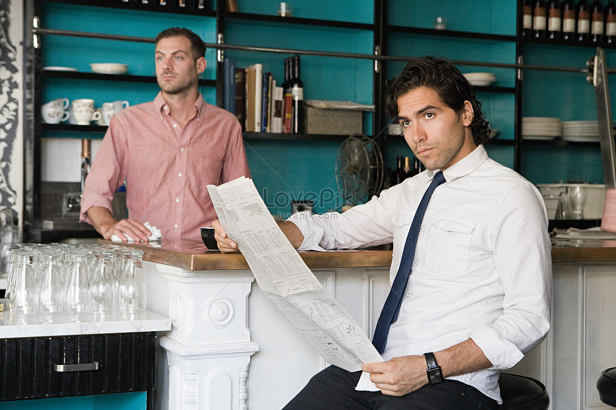 Man holding newspaper and waiter in cafe, newspaper, waiter, person HD Phot...