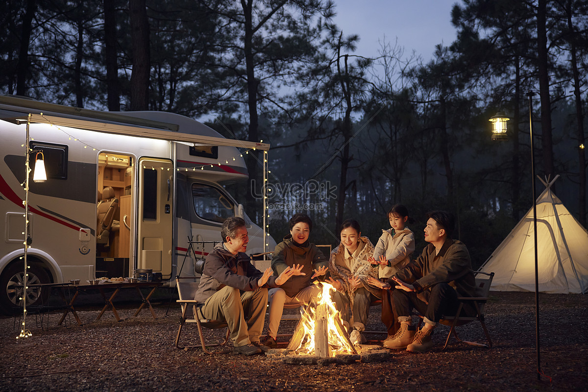 Family Caravan Camping Bonfire Happy Fireworks Picture And HD Photos ...