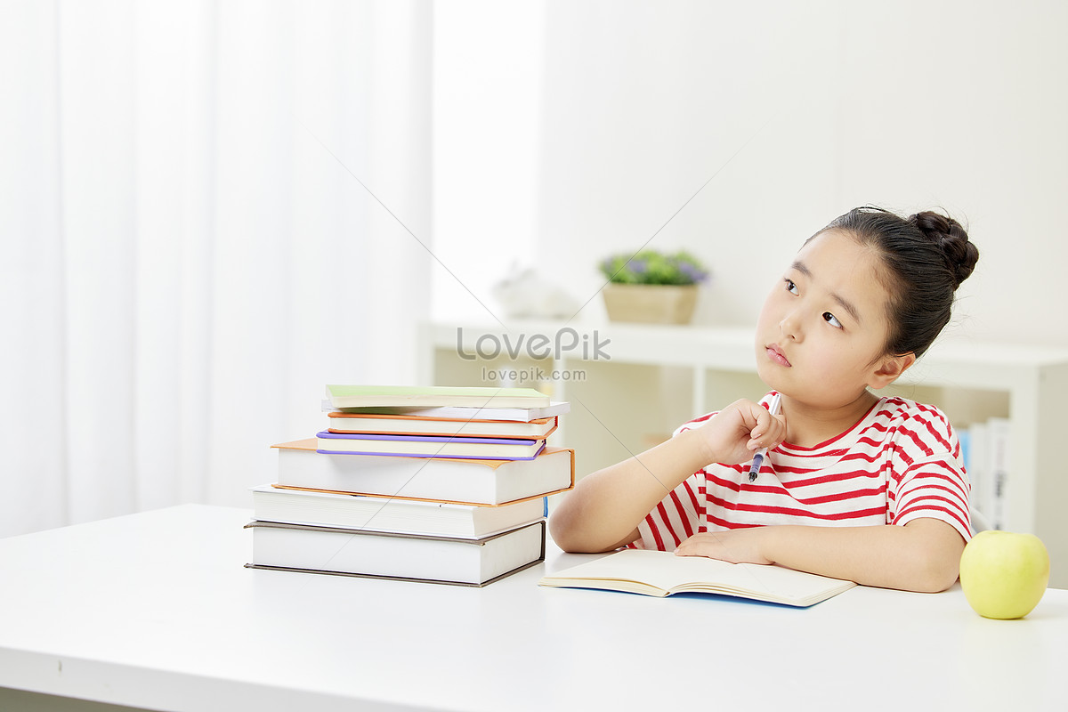 little girl writing homework thinking image, growing up, and homework, book HD Photo