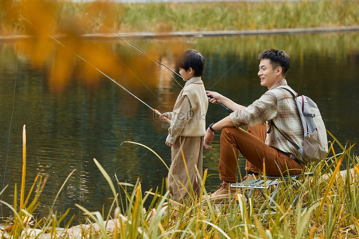 River sons. Father Fishing with son.